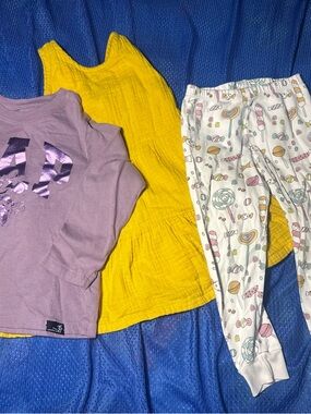 3 PIECES $15 Kids' Purple Long-Sleeve Top & Yellow Dress Pajama Set -Soft Cotton